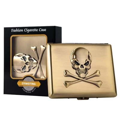 Imagen de Clásica pitillera portátil de metal vintage para hombres y mujeres, con capacidad 18 20 cigarrillos 100 mm (Calavera Bronce, 20pcs 100&#039;s)