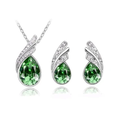 Imagen de KBRPEY Joyería Juegos de joyas para Mujer 18ct Chapado en Oro Blanco Lágrimas Cristales Azul Aguamarina simulada Juego Collar Pendientes Niña (Verde)