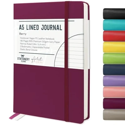 Imagen de Stationery Island Cuaderno Rayado A5, Tapa Dura con Forro de Libreta Papel Grueso Premium 120 g/m², 180 Páginas Rayas Para Escribir, Estudiar, Planificar, Escribir en Diario