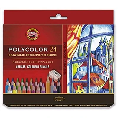 Imagen de Koh I Noor POLYCOLOR 3834 lápices de artista con sacapuntas y 2 grafito en estuche cartón colores surtidos, juego 24