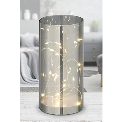 Imagen de Spetebo lámpara de cristal con luz LED plateada temporizador, 20 cm, decoración cristal, cilíndrica, mesa, ventana, iluminada