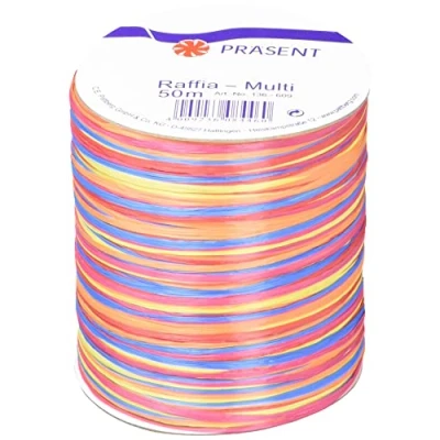 Imagen de C.E. PATTBERG PRÄSENT cinta regalo de rafia multicolor rojo azul amarillo, 50 m decorativa para envolver regalos, decoración y manualidades versátiles creativas