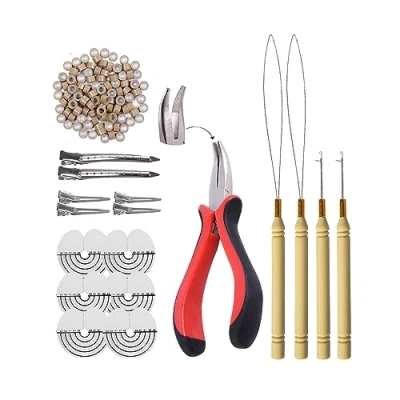 Imagen de Kit de herramientas extensión cabello 1pcs Alicates punta curva + 200pcs Anillos para el silicona Micro Links Beads 2pcs Agujas tirar del cabello(8#rubio oscuro)