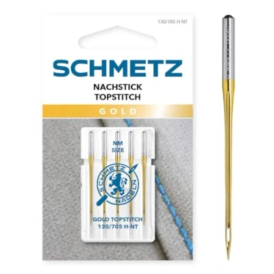 Imagen de SCHMETZ Agujas para máquina de coser 5 doradas rebordar (agujas Topstitch) 130/705 H NT Grosor aguja 90/14 se pueden utilizar en todas las máquinas domésticas y