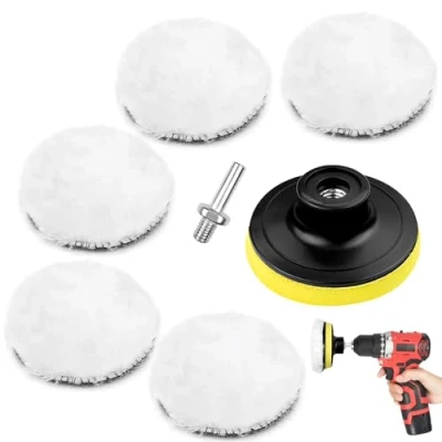 Imagen de Newpop 7 Piezas Pulir Coche Kit con Disco Autoadhesivo, 80 mm Almohadilla de Pulido Lana, Taladro Almohadillas para Limpieza y Carrocerías, Adaptador Broca M10