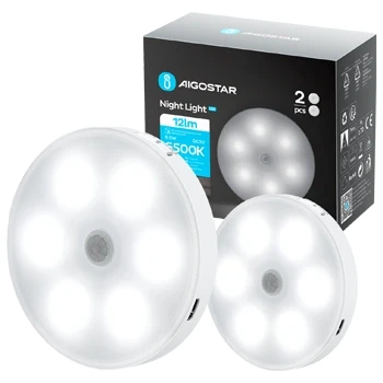 Imagen de Aigostar 2 Piezas 6500K Luz Nocturna Magnética LED con Sensor de Movimiento, Armario Adhesiva USB Recargable, 0.5W Noche para Habitación, Pasillo, Cocina, Escaleras