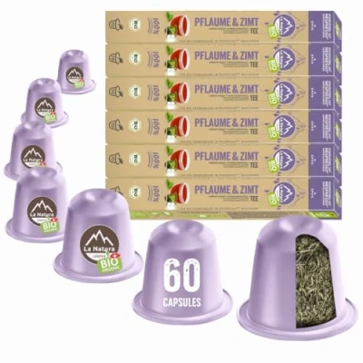 Imagen de La Natura Lifestyle Té orgánico con flores y zimt, 100% industrialmente compostables², respetuoso el medio ambiente, 60 cápsulas de té, para máquinas Nespresso®3