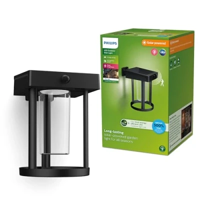 Imagen de Philips Lighting Aplique pared Exterior Ultraeficiente Camill, alimentación solar, formato redondo, 1.4W, 3000K, negro, clear, sensor movimiento, resistente intemperie IP44