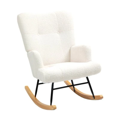 Imagen de HOMCOM Mecedora de Borreguito para Lactancia con Respaldo Capitoné y Base Madera Caucho Carga 120 kg Silla Salón Dormitorio Crema