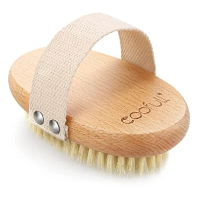 Imagen de Cepillo exfoliante corporal con madera de haya, para piel seca cerdas jabalí natural, Depurador espalda baño ducha mujeres y hombres, Ovalado
