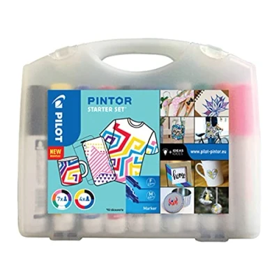Imagen de PILOT Maletín con 4 Pintor Rotuladores al Agua Multisuperficie de Secado Rápido Textil, Vidrio, Madera, Piedra, Bricolaje 11 colores Punta Fina (x7) y Ancha (x4)