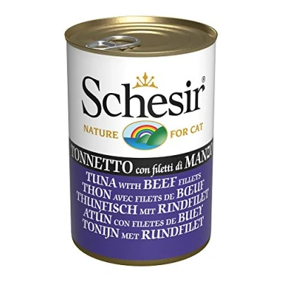 Imagen de Schesir, Comida Húmeda para Gatos Adultos, Sabor Bacoreta con Filetes de Buey, Preparado en Gelatina Blanda Total 0,84 kg (6 latas x 140 gr)