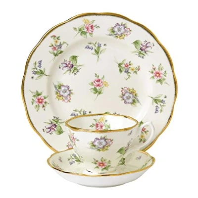 Imagen de Royal Albert 106 100 Years 40017588 1920 Spring Meadow Taza de té, platillo, Plato 20 cm, Juego 3 Piezas, Porcelana Ceniza Hueso, Count (Pack of 1)