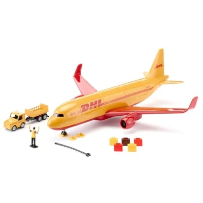 Imagen de Siku 1702 DHL Avión de Carga plástico con Accesorios, Color Rojo y Amarillo, Modelo Juguete, Incluye Carro Equipaje, Barra Remolque, Pastillas Freno Controlador tráfico aéreo