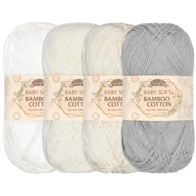 Imagen de JubileeYarn Hilo de algodón bambú suave para bebé, 50 g/madeja, tonos blanco, 4 madejas