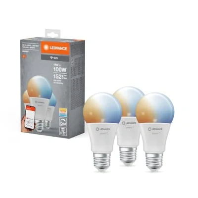 Imagen de LEDVANCE Smarte LED Lampe mit WiFi Technologie, Sockel E27, Dimmbar, Lichtfarbe änderbar (2700 6500K), ersetzt Glühlampen 100 W, SMART+ Classic Tunable White, 3er Pack