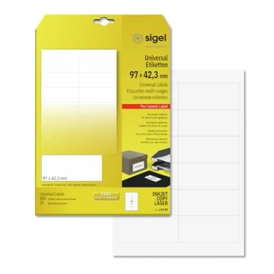 Imagen de SIGEL LA140 Etiquetas universales (Ink/Laser/Copy), 97x42,30 mm (A4), 300 Et.=25 hojas