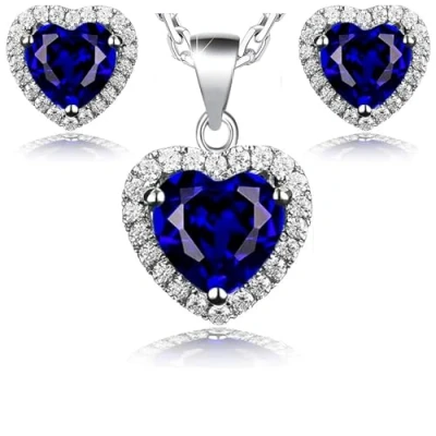 Imagen de Crystalline Azuria Mujer 18ct Chapado en Oro Blanco Corazón Juego de joyas Zafiro simulado Azul Cristales Zirconia Collar con Colgante 45 cm Pendientes para y Niña