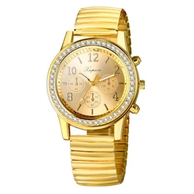 Imagen de JewelryWe Reloj de Mujer con Correa elástica y Esfera Redonda Grande, Cuarzo, Regalo para Madres Mayores, D Oro