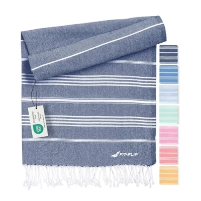 Imagen de Fit Flip Toalla Hammam Toallas de Playa Grandes algodón 100% Reciclado turca Secado rápido, Fouta, Grande pestemal Ideal como Sarong Azul Marino 100x200cm Sultan
