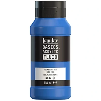 Imagen de Liquitex Basics Fluid Pintura acrílica de consistencia fluida, secado rápido, resistente a la luz, impermeable, acabado satinado permanente, bote 118 ml, azul fluorescente