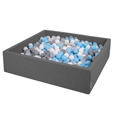 Imagen de KiddyMoon Piscina De Bolas 120X30cm/300 El Cuadrado Grande para Ninos,Hecha En La UE, Gris Oscuro: Gris/Blanco/Transparente/Azul Claro