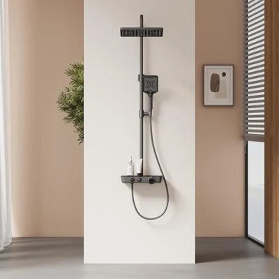 Imagen de EMKE Columna de ducha Termostática con Lluvia y Manual, 1142x303x460mm,Antracita Mate, set estante vidrio,Altura Adjustable 812 1142mm,Función 3 en 1