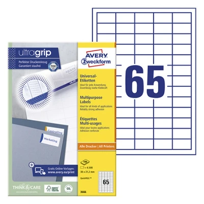 Imagen de Avery 3666 Pack de 100 hojas con etiquetas imprimibles polivalentes, 38.1 x 21.2 mm
