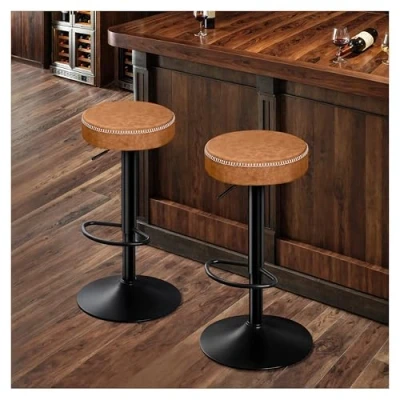 Imagen de STOOLINK Juego de 2 Taburetes Bar, Taburete Cocina Requlable en Altura Alto Cuero Microfibra, Bar con Reposapiés, 150kg para Comedor, Mostrador Marrón