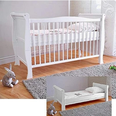Imagen de Cuna para bebé Baby con colchón de espuma aloe vera, rejillas altura regulable, color blanco, convertible en cama infantil