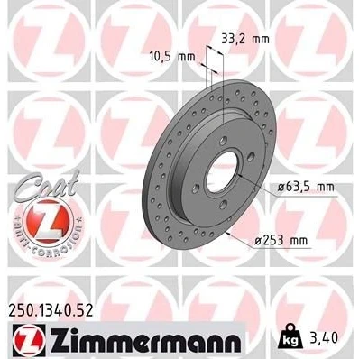 Imagen de ZIMMERMANN SPORT COAT Z 250.1340.52 Disco de freno 253 10 4/4 4 108 macizo, perforado revestido FORD: FIESTA 6, Focus Mk1 Hatchback, 5