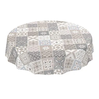 Imagen de ANRO Mantel de hule lavable con aspecto azulejos, color beige, gris, azul, redondo, 100 cm