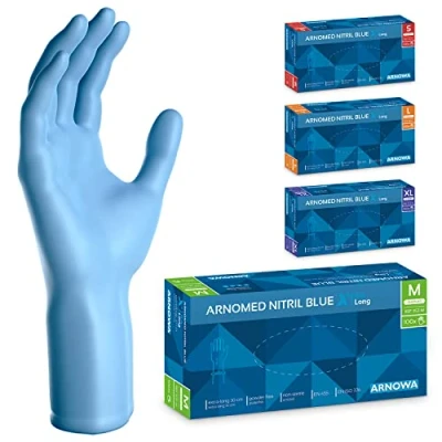 Imagen de ARNOMED guantes nitrilo desechables azul extralargos, de 30 cm largo, talla M extragruesos, 100 uds/caja, S, M, L &amp; XL
