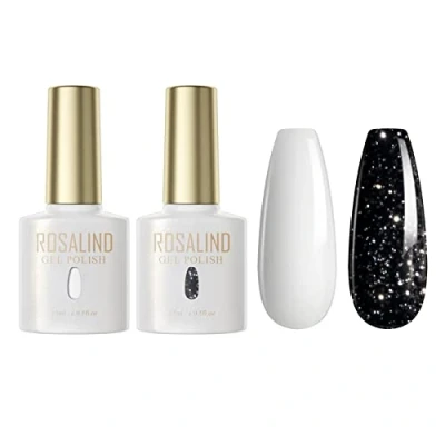 Imagen de ROSALIND Esmaltes Semipermanentes Negro Blanco Glitter, 15ml kit manicura semipermanente Uñas de Gel UV LED Esmalte