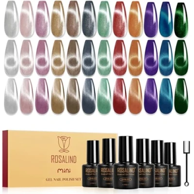 Imagen de ROSALIND Esmaltes Semipermanentes Ojo de Gato, 12 Colores Púrpura Marrón Azul Verde Rojo Pintauñas Cat Eye Gel Magnético con Imán, Soak Off Mini UV/LED Esmalte Uñas Magnetico Regalo