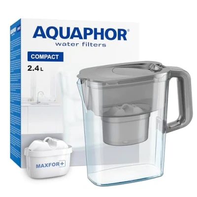 Imagen de AQUAPHOR Jarra de Filtro Agua Compact, Ahorra espacio, Liviana, Entra en la puerta del refrigerador, Capacidad 2.4L, 1 Maxfor+ Incluido I Reduce Cal, Cloro y Microplásticos Color gris