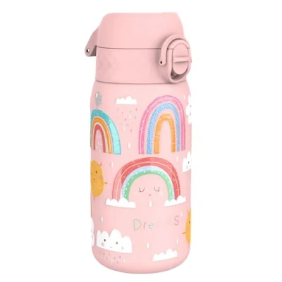 Imagen de Ion8 Botella Agua Acero Inoxidable para Niños, 400ml, a Prueba de Fugas, Fácil Abrir, Cerradura Segura, Apta Lavavajillas, Tapa Abatible, Asa Transporte, Limpiar, Diseño Arcoíris