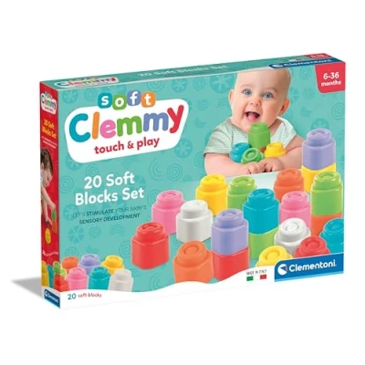 Imagen de Clementoni Soft 20 construcción para Primera Infancia, Ladrillos Suaves Clemmy, Bloques niños de 6 Meses, Juego sensorial, apilables y Lavables, Fabricado en Italia, Multicolor (17989)