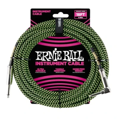 Imagen de Ernie Ball Cable trenzado para instrumentos, recto/acodado, 5,49 m, color negro y verde