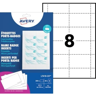 Imagen de Avery L7418 25 Tarjetas de identificación para impresoras (200 unidades), color blanco