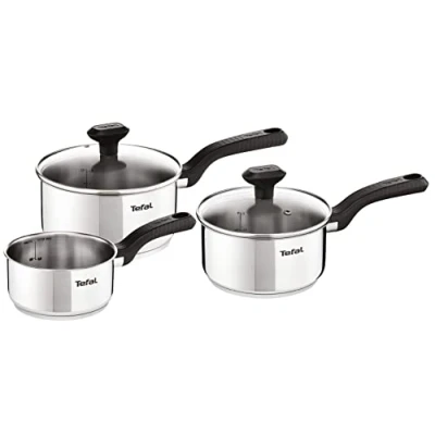 Imagen de Tefal Comfort Max Set 5 piezas antiadherente, acero inoxidable 18/10, Thermo Spot, base gruesa, cocinado homogéneo, mango ergonómico fresco, saltea, recetas asiáticas, apto todas cocinas