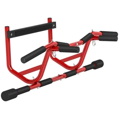 Imagen de SPORTNOW Barra de Dominadas Multifuncional Pared Carga 150 kg para Ejercicio y Entrenamiento en Casa Gimnasio Rojo Negro