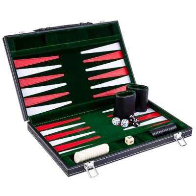 Imagen de Engelhart Maletín de Juego Backgammon Abierto 36 cm x 48 Cuero imitación Cosido (Verde/Rojo/Blanco)
