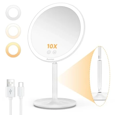 Imagen de Auxmir Espejo Maquillaje con Luz, 10X Aumento Recargable 2000mAh, de Mesa Táctil LED, Brillo Ajustable, 3 Colores Táctil, USB, Base Grande para Almacenamiento, 90 Giratorio