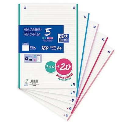 Imagen de Oxford, hojas rayadas A4 perforadas, recambio achivador 1 linea, 120 hojas, 4 taladros, 5 bandas de colores pastel