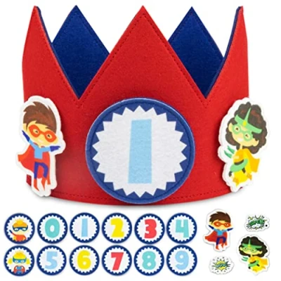 Imagen de BONNYCO Corona Cumpleaños Superheroes con Números Intercambiables del 0 al 9 y Figuras Tematizadas 1 Año en Adelante, Decoracion Niño Carnaval