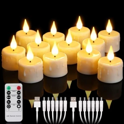Imagen de yunsheng 12 velas de té recargables con mando a distancia y temporizador 4/6 horas, recargables, sin llama, 2 cables USB, mecha silicona 3D, luz blanca cálida para decoración del hogar