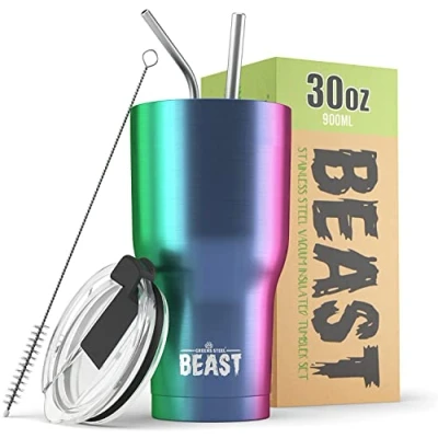 Imagen de Greens Steel BEAST Termo Café para Llevar 900ml I Arco iris Taza Térmica de Acero Inoxidable Reusable Viajera Doble Pared al Vacío 2 Pajitas y Cepillo Limpieza