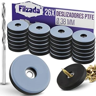 Imagen de Filzada® 26x Almohadillas de Teflón para Muebles, con Tornillo Ø 38 mm (redondo) Deslizadores muebles/deslizadores alfombras PTFE (Teflón) incl. tornillos