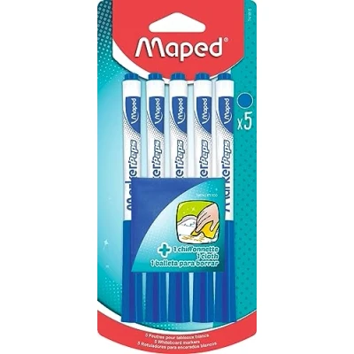 Imagen de Maped 741815 Marker Pops Juego de 5 rotuladores borrado en seco (incluye 1 paño para pizarras y blancas, punta mediana, 1,5 mm)
